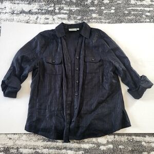 Studio Works Size XL 100% Linen Sheer Black Button Up Shirt Blouse Casual